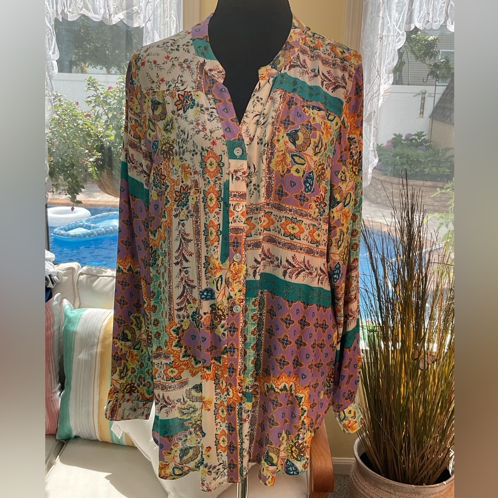 Button Down Mixed Floral Print Top - image 2